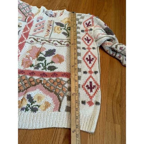 Vintage Jennifer Reed Hand Knit Cottage Core Floral Sweater Large White - Picture 5 of 6